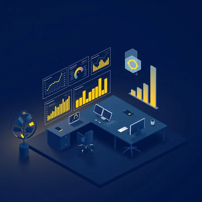 Ilustración de una oficina con tableros y automatizaciones de IA