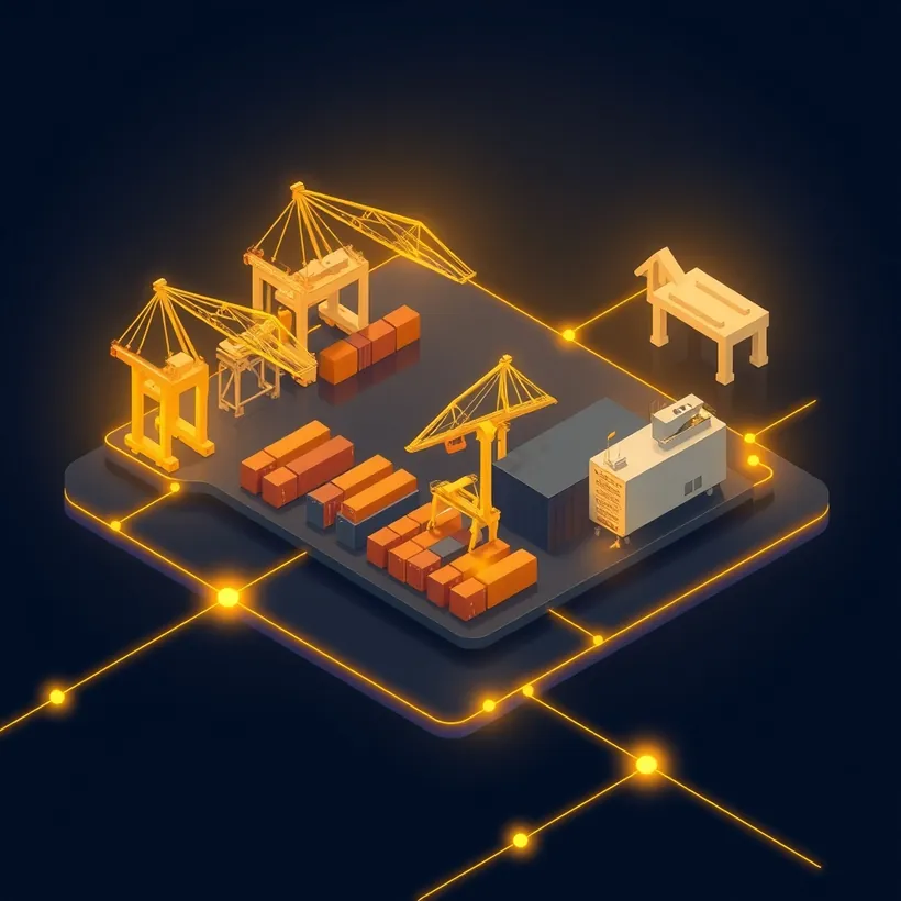 Ilustración de un puerto industrial conectado por redes de datos