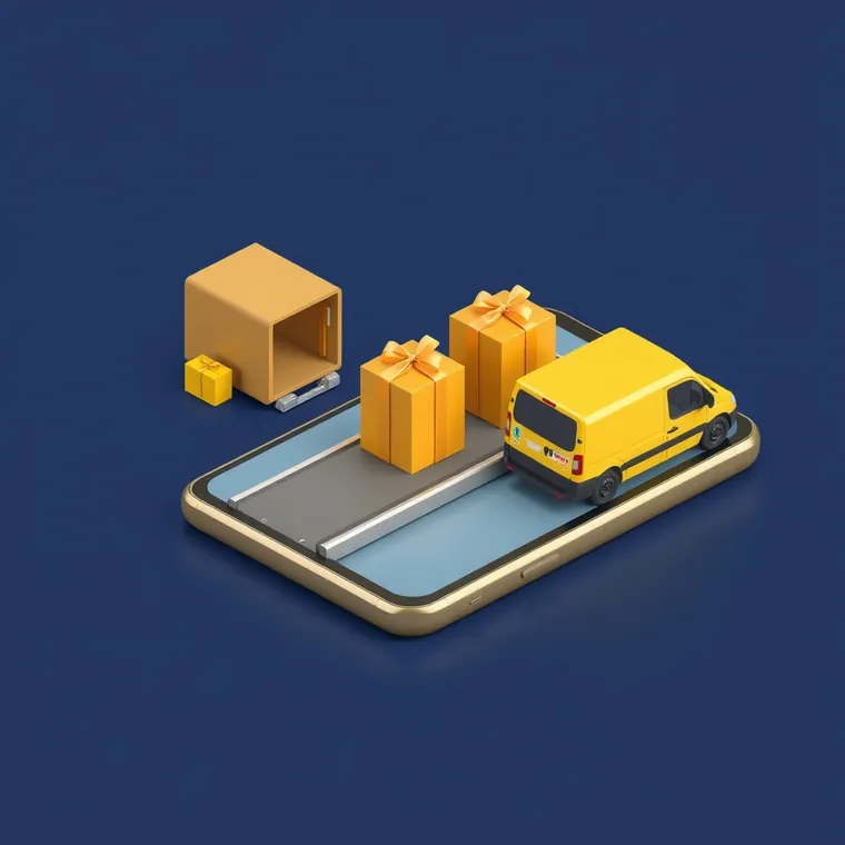Compras en línea saliendo de un teléfono hacia una camioneta de entrega