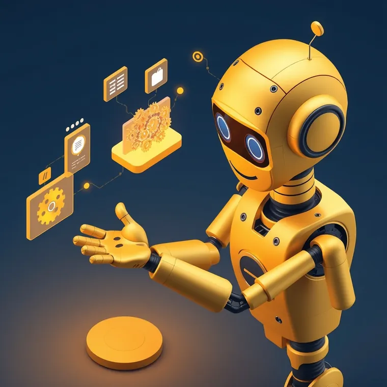 Robot amistoso orquestando flujos de trabajo automatizados