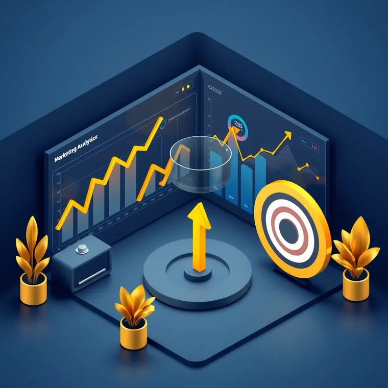 Tablero de analítica de marketing con gráficas al alza y diana